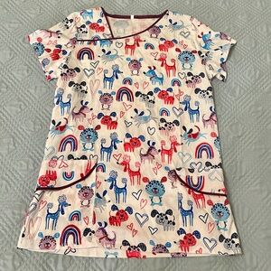 Women’s Scrub Top, Cute Dog Pattern, Size Medium